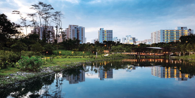 A freshwater swamp and garden welcomes visitors to the high-tech business park, and collects rainwater for reuse. Photo credit: Charlie Kwan