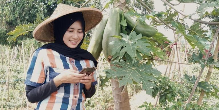 Anni Mariah, a smallholder farmer from Sukabumi, West Java, uses the Nilaiku mobile app to access information and connect with buyers. Photo credit: ADB.