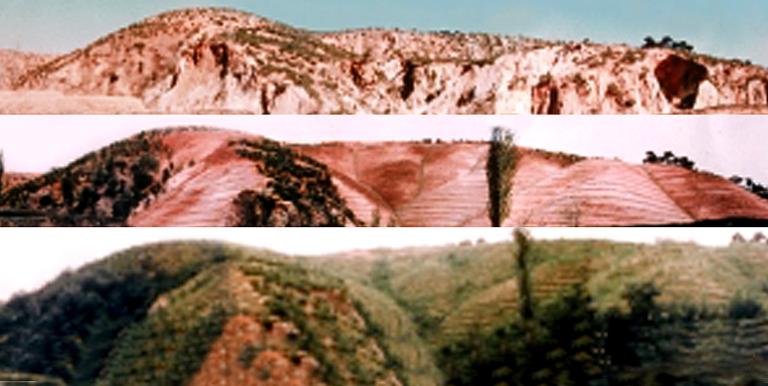 A photo shows “before and after” images of a mountainside which was previously barren. Photo credit: KDevelopedia.