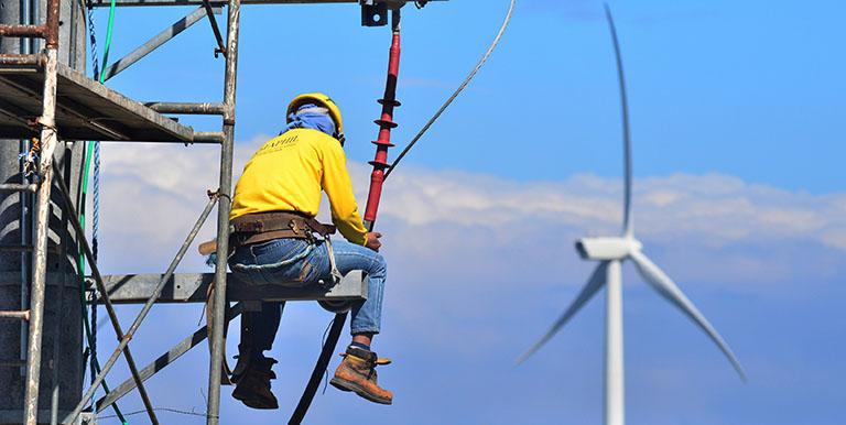 Wind and solar energy are available only when the wind blows or when the sun shines. Battery storage offers a solution to storing excess supply from variable renewable energy sources. Photo credit: ADB.