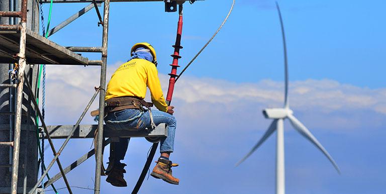 Wind and solar energy are available only when the wind blows or when the sun shines. Battery storage offers a solution to storing excess supply from variable renewable energy sources. Photo credit: ADB.