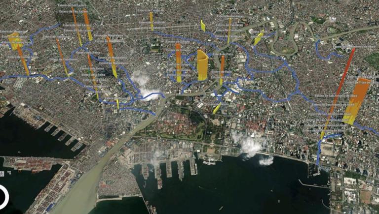 Screenshot of the Pasig River Digital Twin platform showing river waste accumulation hotspots in tributaries and urban waterways. Photo credit: Authors.